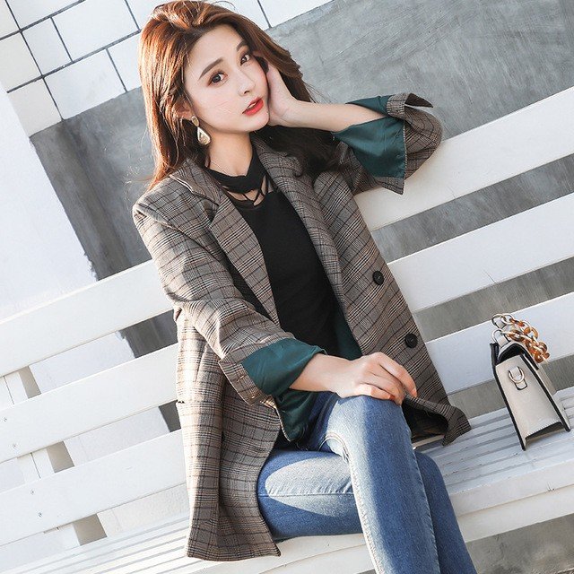 スーツジャケット レディース 秋 ピーコート 40代 ビジネススーツ テーラードジャケット チェック柄 韓国風 ミドル丈 テー 通勤アウター 新作 オフィス　の通販は