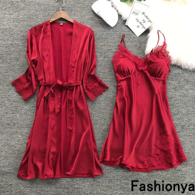 パジャマ レディース ２点セット 春夏 ルームウェア 薄め シルク風 無地 ガウン キャミソール レース付き 寝間着 部屋着 セクシー カップ付き