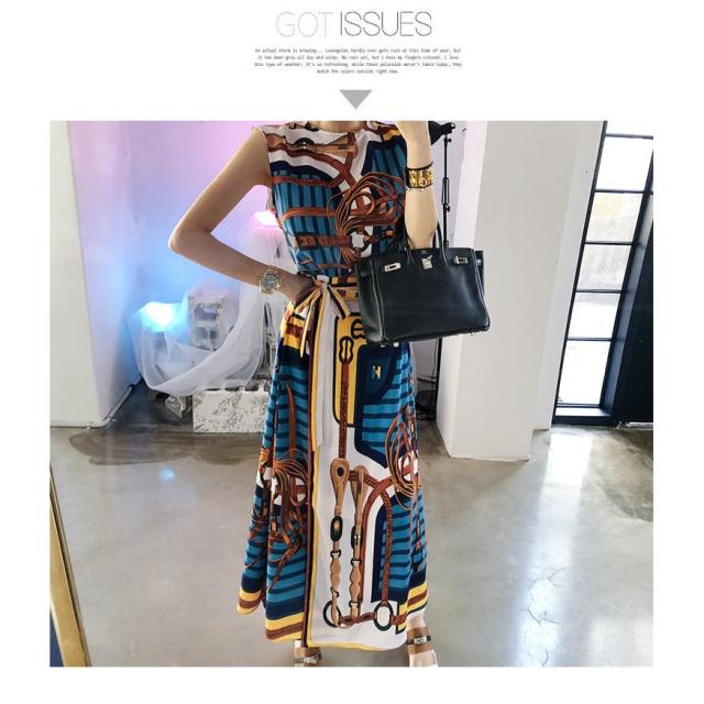 シャツワンピース2点セット レディース 40代 シフォンワンピース 春夏 ノースリープワンピース プリント ロングスカート オシャレ韓国風 大人可愛い30代 50代