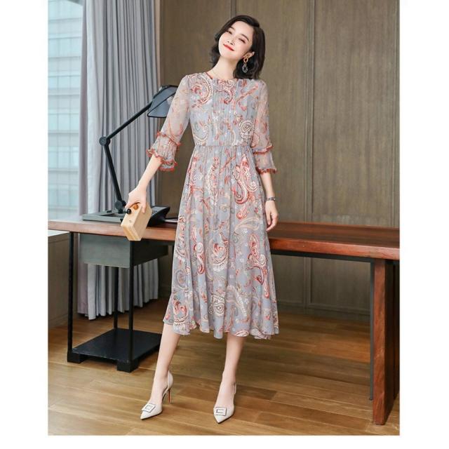 衣装 レディース キレイめ マキシ丈衣装 春夏 七分袖衣装 シフォン  ボヘミア風 ゆったり 華燭の典御召しもの オシャレ 窈窕たる 着痩せ 新作