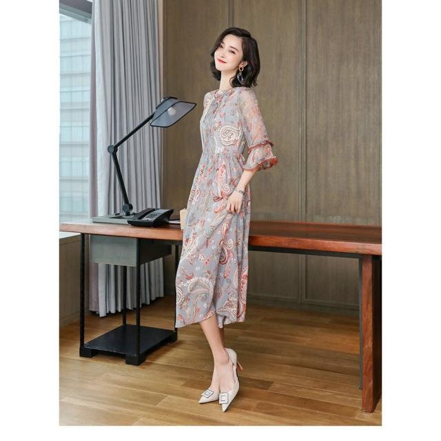 衣装 レディース キレイめ マキシ丈衣装 春夏 七分袖衣装 シフォン  ボヘミア風 ゆったり 華燭の典御召しもの オシャレ 窈窕たる 着痩せ 新作