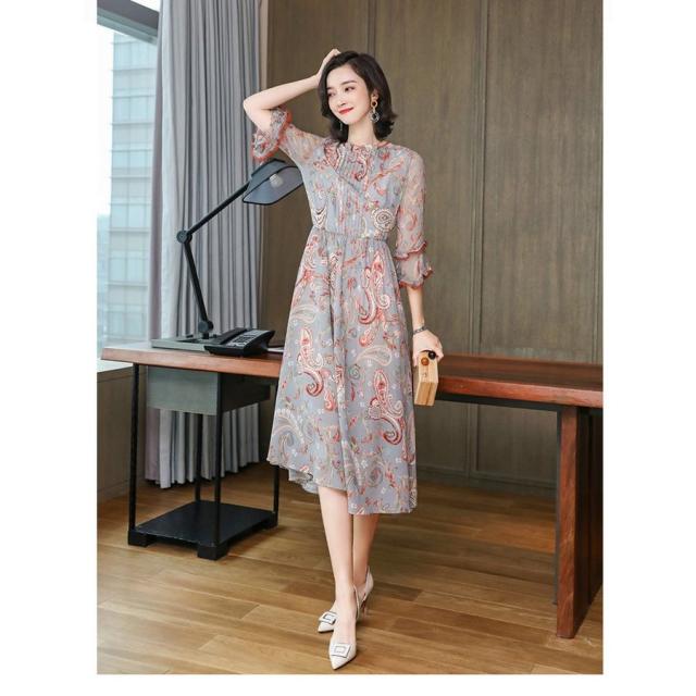 衣装 レディース キレイめ マキシ丈衣装 春夏 七分袖衣装 シフォン  ボヘミア風 ゆったり 華燭の典御召しもの オシャレ 窈窕たる 着痩せ 新作