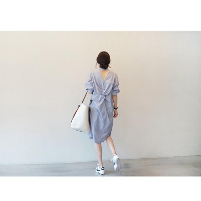 シャツワンピース レディース ロング丈ワンピース シャツワンピース ボーダー 柄　背中あきミドル丈ワンピース  ロング 韓国風 オシャレ 通勤_2