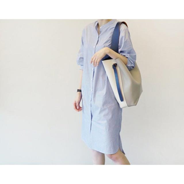 シャツワンピース レディース ロング丈ワンピース シャツワンピース ボーダー 柄　背中あきミドル丈ワンピース  ロング 韓国風 オシャレ 通勤_3