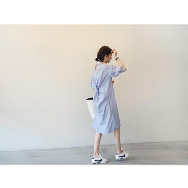 シャツワンピース レディース ロング丈ワンピース シャツワンピース ボーダー 柄　背中あきミドル丈ワンピース  ロング 韓国風 オシャレ 通勤_4