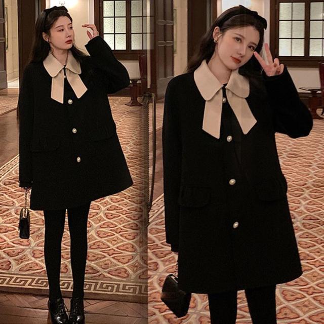 チェスターコート レディース 秋冬 40代 チェスターコート リボンネック 黒 ミディアム丈ラシャコート 厚手オーバー ゆったりアウター 着痩せ オシャレ 大人