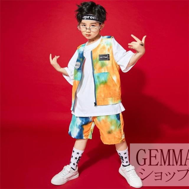 キッズ ダンス衣装 ヒップホップ 迷彩  上下 男の子 女の子 tシャツ ベスト パンツ ジュニア ダンスウェア 演出服 ステージ衣装 イベント 派手の通販は