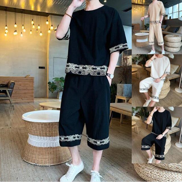 上下２点セット半袖綿麻リネン通気性メンズ Tシャツトレーナ和服風　ショートパンツ春夏 上下2点セットアップ綿麻リネンTシャツ通気性メンズトレーナ和服風