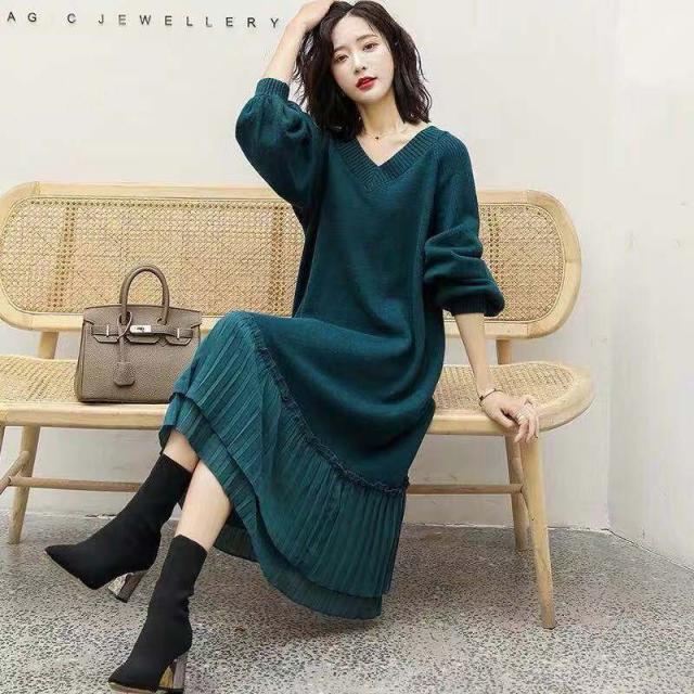 マキシワンピース レディース ニットワンピース vネック ロング丈 フレア 体型カバー 切り替え コーディネート ニットセーター 長袖 秋冬の通販は 5,100円