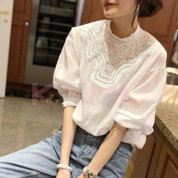 ブラウス レディース 40代 秋新作 オシャレブラウス 白Tシャツ 長袖トップス 白レースブラウス パフスリーブ 大人 上品 韓国風 大きいサイズシャツ 30代 50代の通販は