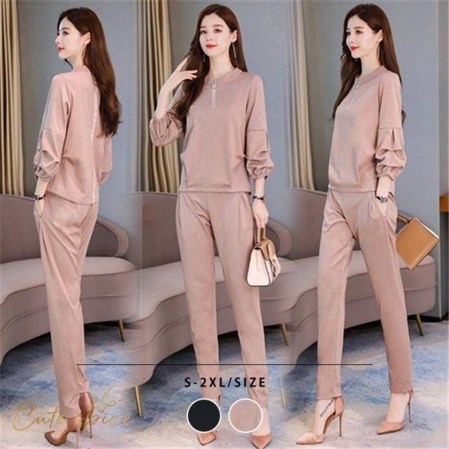 パンツセットアップ レディース セットアップ 丸襟 ブラウス 巾着袖 長袖 パンツ 大きいサイズ カジュアル ジッパー付き 通勤 ママ シンプル OL  40代 秋