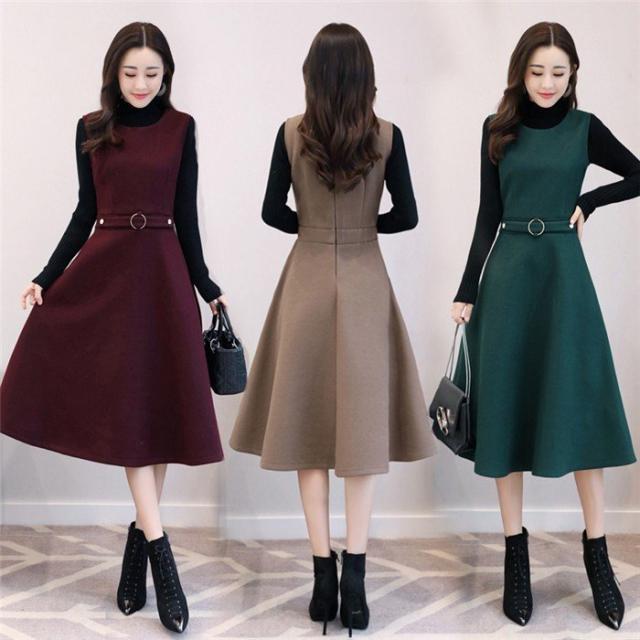 レディースウール混ワンピース膝丈ミモレ丈セットアップAライン2点セットニットセーターハイネック秋冬暖かいワンピキレイめMS
