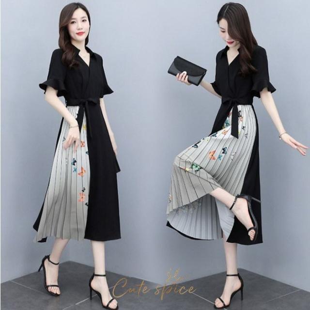 シャツワンピース レディース 40代 マキシワンピース 春夏 半袖ワンピース シフォンワンピース 蝶柄 配色 プリーツスカート オシャレ通勤 OL 大人 上品 着痩せ