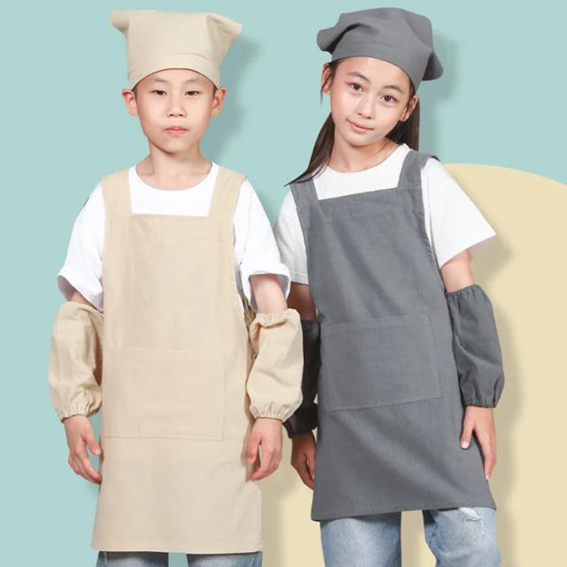 エプロン 子供用 キッズ 男の子 女の子 被るだけ 袖カバー 三角巾 防水 汚れ防止 ポケット付き 3点セット 保育園 幼稚園 小学生 中学生 ジュニア リネン 子ども お洒落 無地 着脱簡単 男女兼用 送料無料_1