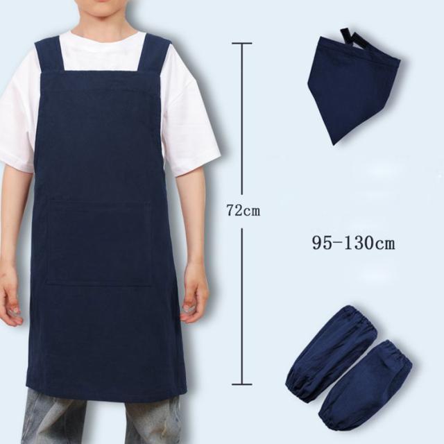 エプロン 子供用 キッズ 男の子 女の子 被るだけ 袖カバー 三角巾 防水 汚れ防止 ポケット付き 3点セット 保育園 幼稚園 小学生 中学生 ジュニア リネン 子ども お洒落 無地 着脱簡単 男女兼用 送料無料_4