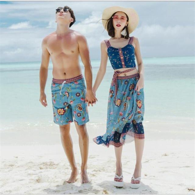 水着 カップル水着 ペアルック レディース 体型カバー ビギニ タンクトップ パッド付き ドレス メンズ ショートパンツ 紫外線カット 花柄  海 4点セットの通販は
