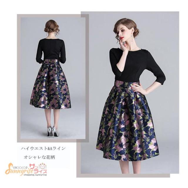 ワンピース レディース パーティードレス ミモレ丈 結婚式 七分袖 花柄 ワンピース パーティードレス ウエディング ドレス 二次会 花嫁 お呼ばれ_4