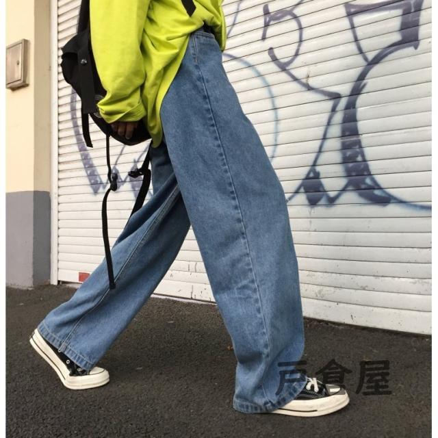 ワイドデニムパンツ ストレート メンズ ハイウエスト 韓国系 improves デニムパンツ メンズ 二本ライン ワイドパンツ