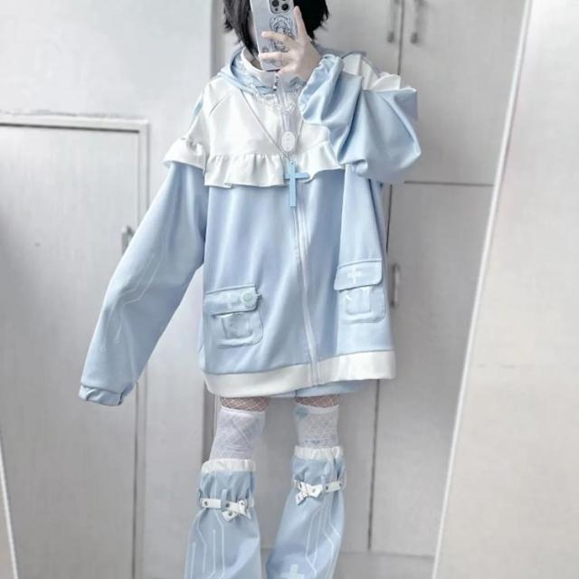 猫耳 パーカー 水色 地雷系 サブカル ジャージ 3点セット