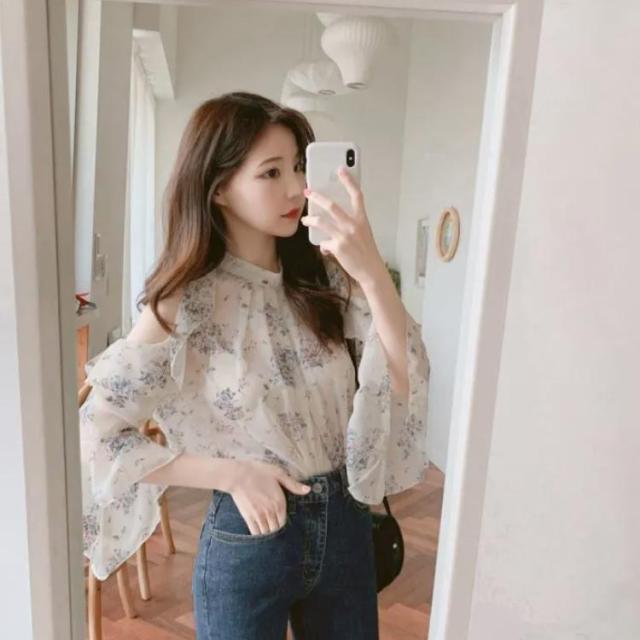 フリル袖 オフショルダー 花柄 シフォン ブラウス 5分袖