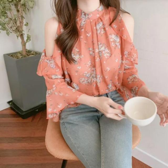 フリル袖 オフショルダー 花柄 シフォン ブラウス 5分袖