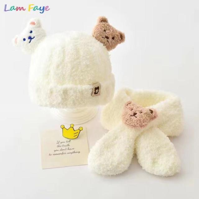 防風 ベビー 耳付き マフラー 赤ちゃん ニット帽子 セット くま