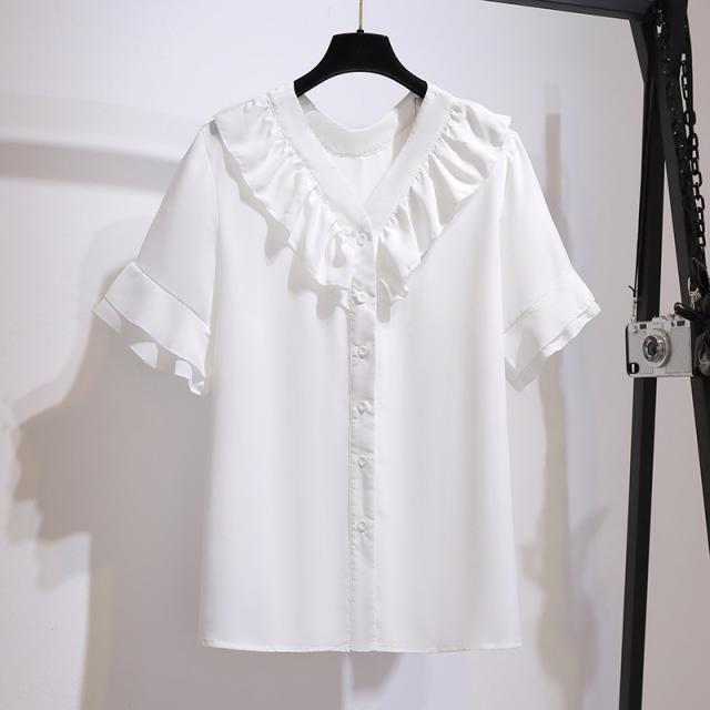 韓国人気 Open YY フリル付ホワイト 半袖シャツ シャツ ブラウス
