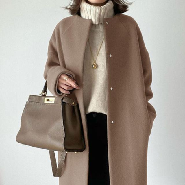 コート レディース ノーカラー ロングコート 長袖 フェイクウール  