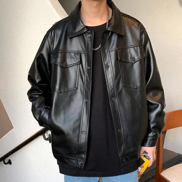 レトロ フェイクレザー ジャケット ステンカラー ルーズ 無地 PU ラグスタイル LUXSTYLE レトロPUレザージャケット/レザー