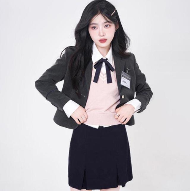 韓国 制服 6点セット ブレザー スカート ベスト シャツ リボン