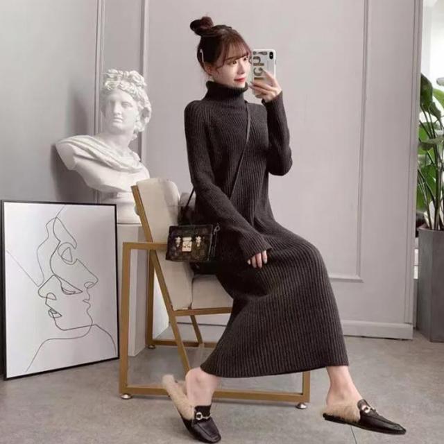体型カバー 長袖 冬 ハイネック ワンピース レディース ロング 秋