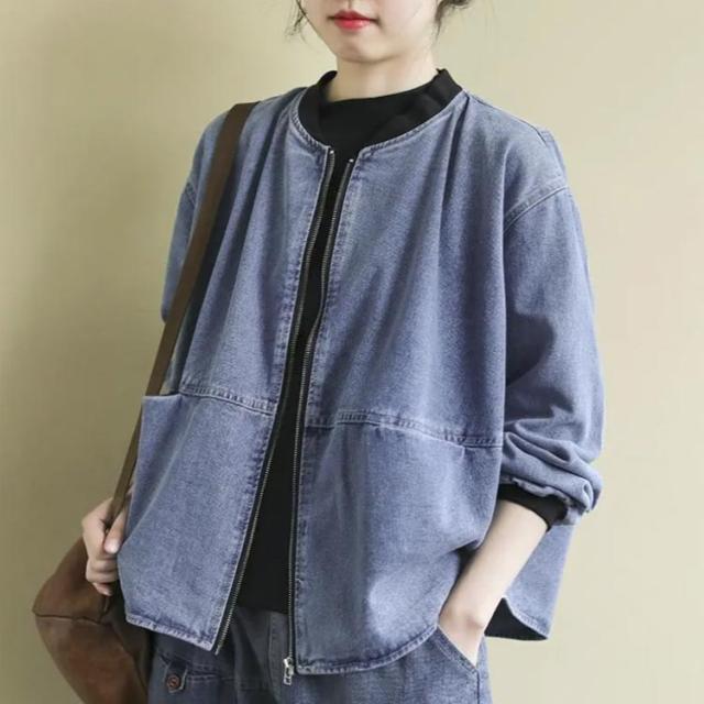 カジュアル レディース デニムジャケット ジップアップ ゆったり ノーカラージャケット 春アウター 長袖 ジャケット アウター ショート丈 通勤 ジージャン 体型カバー 春服 カジュアル 大人女性 ノーカラージャケット 無地 シンプル 着?せ ノーカラージャケット・コート