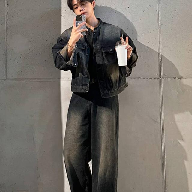 デニムセットアップ メンズ 上下セット 春 Gジャン ウォッシュ加工 デニムセット デニムジャケット シャツジャケット デニムパンツ ワイドパンツ ゆったり セットアップ メンズファッション 男性 秋 秋冬 ヴィジュアル系 お兄系 大人 送料無料_3