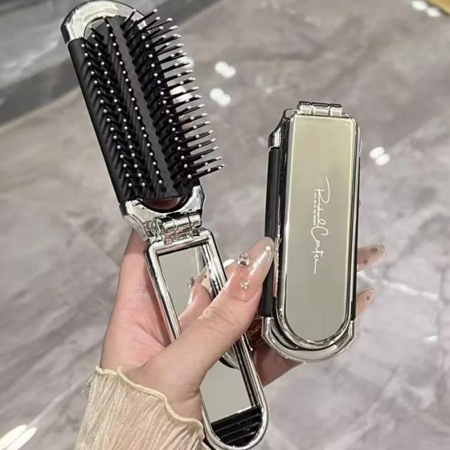 鏡付き 折りたたみヘアブラシ ミラー付き コンパクト マッサージ 櫛