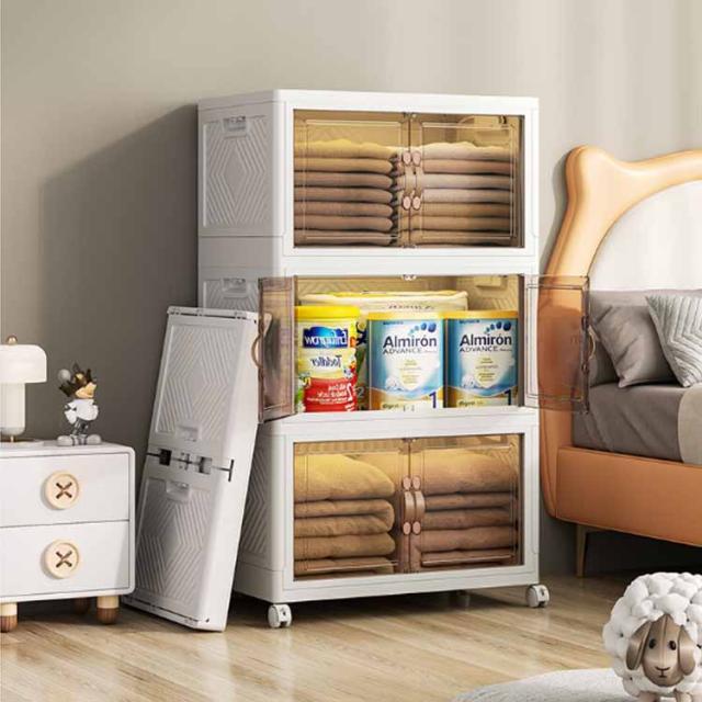 二段 収納ケース 折りたたみ 前開き キャスター付き 収納棚 扉付き