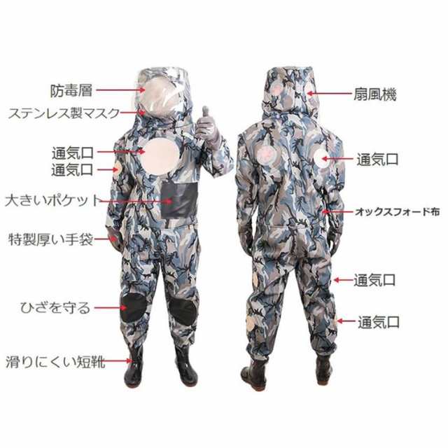スズメ蜂 万全防護服 害虫駆除 つなぎ服 扇風機3つ付き スズメ蜂 万全防護服 害虫駆除 つなぎ服 扇風機3つ付き