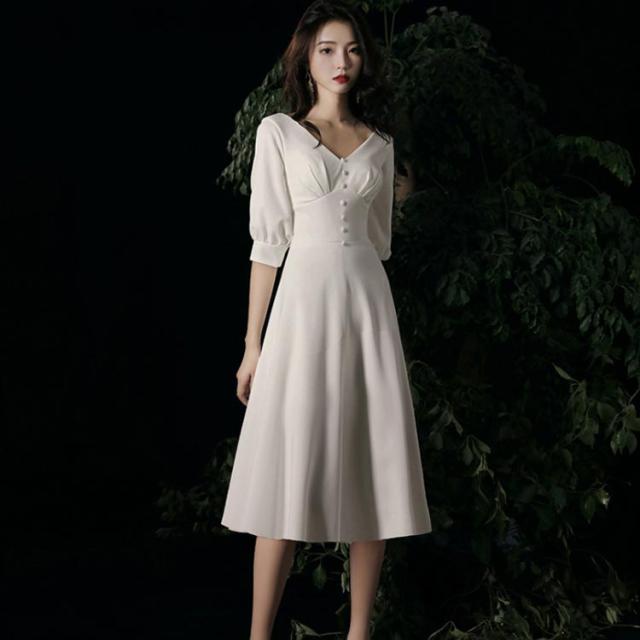 パーティードレス ミモレ丈 結婚式ワンピース 結婚式ドレス 長袖 七分袖 Vネック 白 ホワイト フロントボタン ォーマルドレス お呼ばれ 服 服装 大きいサイズ 大人 上品 20代 30代 40代 白 黒 赤 ワインレット ホワイト ブラック レット パーティードレス ミモレ丈 結婚式ワンピース 結婚式ドレス 長袖 七分