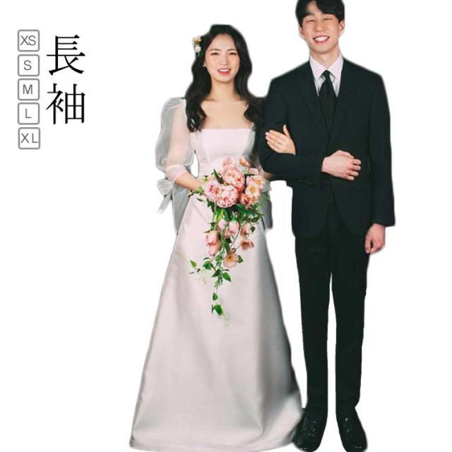 ウェディングドレス 長袖 二次会 白 袖付き パフスリーブ フォトウェディング ウエディングドレス フォトウェディング 花嫁ドレス 二次会 花嫁 カラードレス 結婚式 ハネムーンフォト レース フォーマル おしゃれ