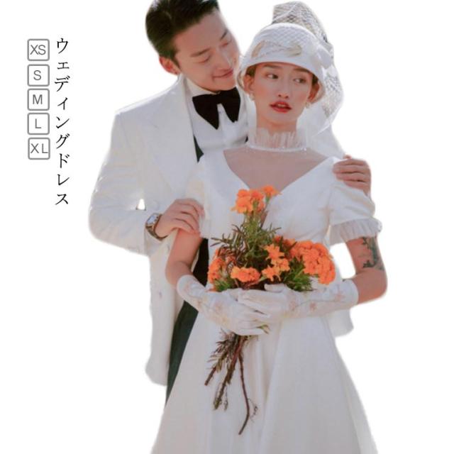 ウエディングドレス ウェディングドレス パフスリーブ プリーツ フェミニン ワンピース パフスリーブ ドレス パフスリーブワンピース ミモレ ミモレ丈 Aライン 結婚式 シンプル 上品の通販は