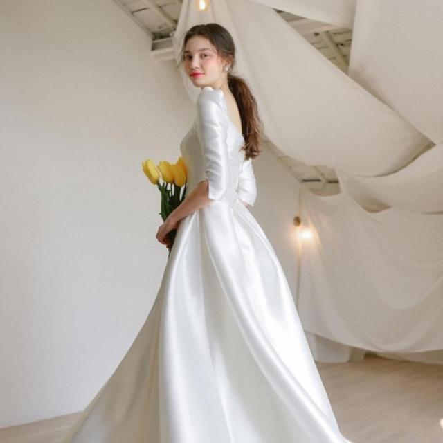 ウエディングドレス ウェディングドレス 袖あり 長袖 七分袖 ドレス Aライン スクエアネック ドレス ロング 花嫁ドレス 白 ホワイト ブライダル 撮影 海外挙式 ウエディングドレス ウェディングドレス 袖あり 長袖 七分袖 ドレス A