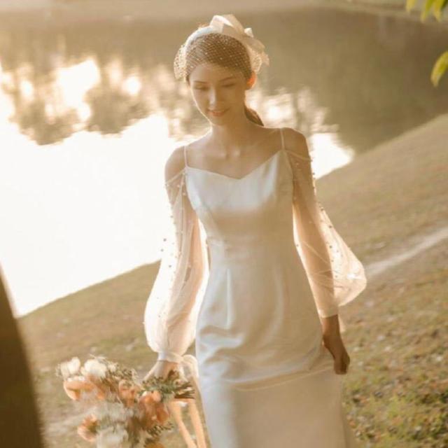 ウエディングドレス ウェディングドレス 袖あり 長袖 パフスリーブ スレンダーライン ドレス Vネック チューブトップ ドレス 花嫁ドレス 白 ホワイト ブライダル 撮影 海外挙式 ウエディングドレス ウェディングドレス 袖あり 長袖 パフスリーブ