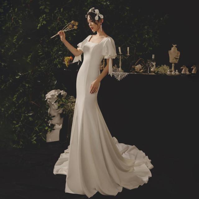 ウェディングドレス マーメイドライン ロングドレス ウェディング ウエディング パーティードレス フィッシュテール パフスリーブ 袖リボン 背空き 編み上げタイプ 結婚式 ワンピース 海外 挙式 ホワイト 白 トレーン付き ドレス ウェディングドレス マーメイドライン ロングドレス ウェディング