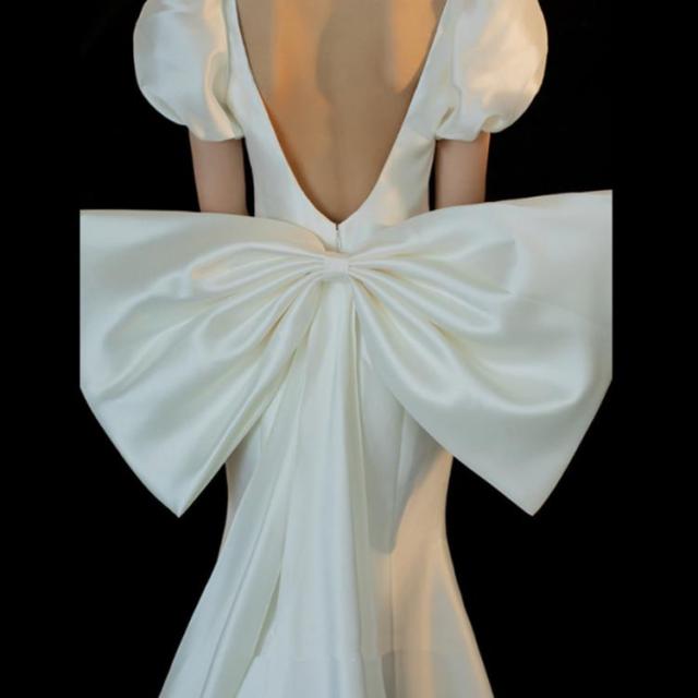 ウェディングドレス 長袖 五分袖 マーメイドライン トレーン付きドレス ウェディング パフスリーブ ウエディング パーティードレス 背空き スクエアネック フィッシュテール 結婚式 ワンピース ウェディングドレス 長袖 五分袖 マーメイドライン トレーン付きドレス