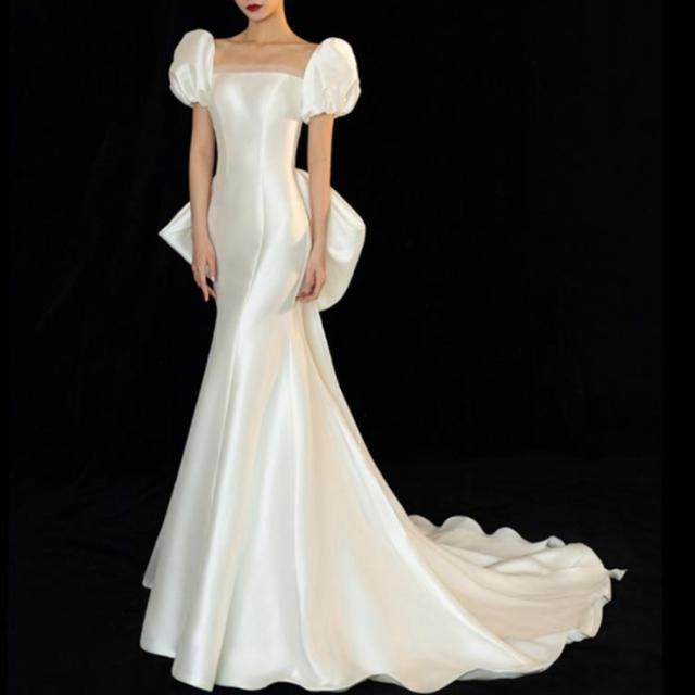 ウェディングドレス 長袖 五分袖 マーメイドライン トレーン付きドレス ウェディング パフスリーブ ウエディング パーティードレス 背空き スクエアネック フィッシュテール 結婚式 ワンピース ウェディングドレス 長袖 五分袖 マーメイドライン トレーン付きドレス