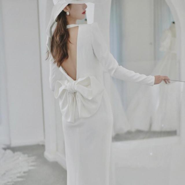 ウェディングドレス 長袖 五分袖 マーメイドライン トレーン付きドレス