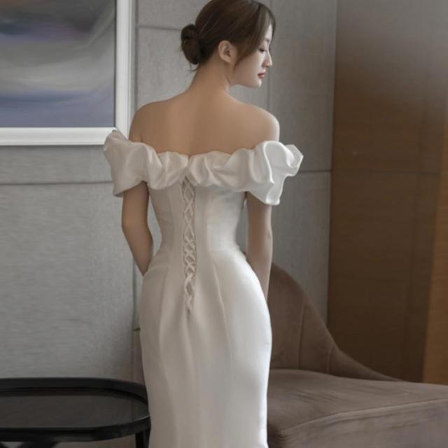 ウェディングドレス 半袖 マーメイドライン オフショルダー トレーン