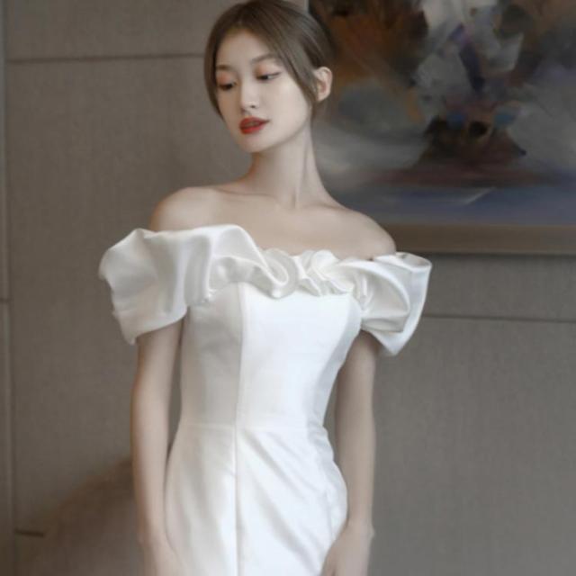 ウェディングドレス 半袖 マーメイドライン オフショルダー トレーン