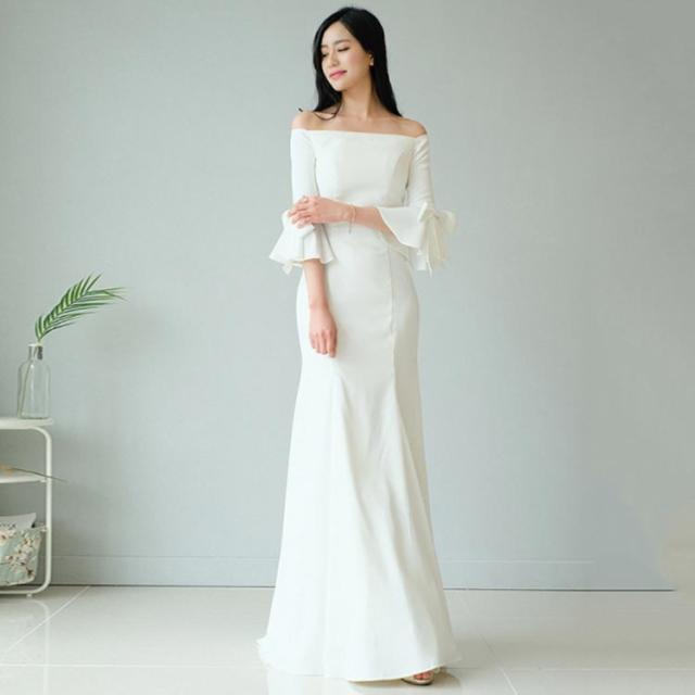 ウェディングドレス マーメイドライン ロングドレス ウェディング ウエディング オフショルダー パーティードレス フィッシュテール フレア袖 袖リボン 結婚式 ワンピース 海外 挙式 ホワイト 白 ロング丈 ドレス ウェディングドレス マーメイドライン ロングドレス ウェディング