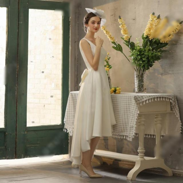 ウェディングドレス ロング丈 ノースリーブ ウエディングドレス ワンピース 背中空き  Aライン ミモレ ドレス 花嫁 披露宴 結婚式 演奏会 発表会 海外挙式 ウェディングドレス ミモレ丈 ノースリーブ ウエディングドレス