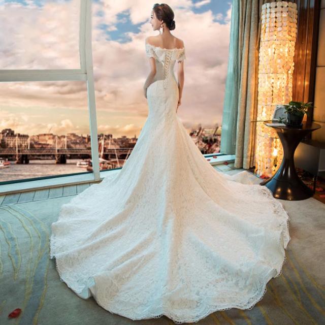 ウェディングドレス マーメイドライン トレーン付き ドレス ウェディング オフショルダーウェディングドレス ウエディングドレス 編み上げタイプ フィッシュテール トレーンドレス 結婚式 ワンピース 海外 挙式 ホワイト 白 ウェディングドレス マーメイドライン トレーン付き ドレス